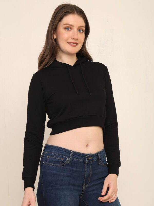 Absqura Solid Women Black Crop Hoodies