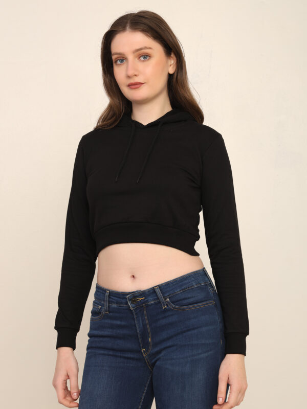 Absqura Solid Women Black Crop Hoodies