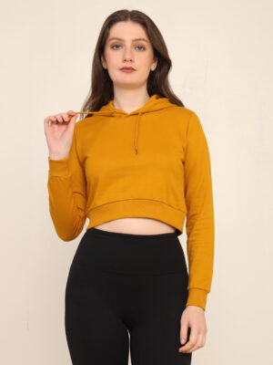 Absqura Solid Women Mustard Yellow Crop Hoodies
