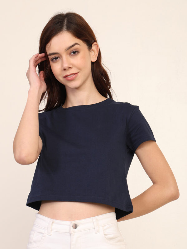Absqura Solid Women Navy Blue Crop Top