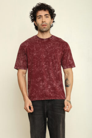 Absqura Men Acid Wash Solid Oversized Maroon T-Shirt