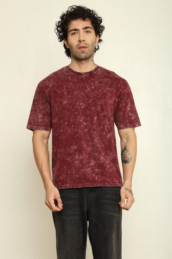 Absqura Men Acid Wash Solid Oversized Maroon T-Shirt