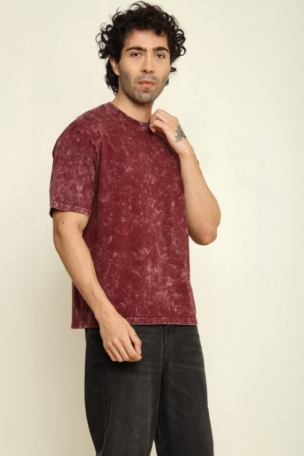 Absqura Men Acid Wash Solid Oversized Maroon T-Shirt