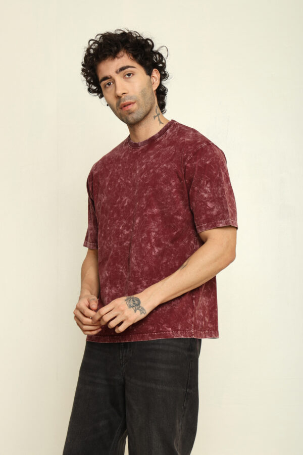 Absqura Men Acid Wash Solid Oversized Maroon T-Shirt