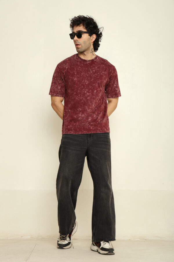 Absqura Men Acid Wash Solid Oversized Maroon T-Shirt