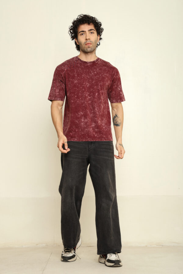 Absqura Men Acid Wash Solid Oversized Maroon T-Shirt