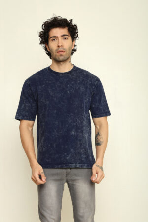 Absqura Men Acid Wash Solid Oversized Navy Blue T-Shirt
