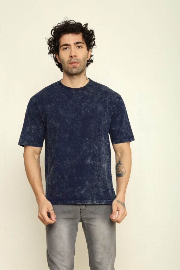 Absqura Men Acid Wash Solid Oversized Navy Blue T-Shirt