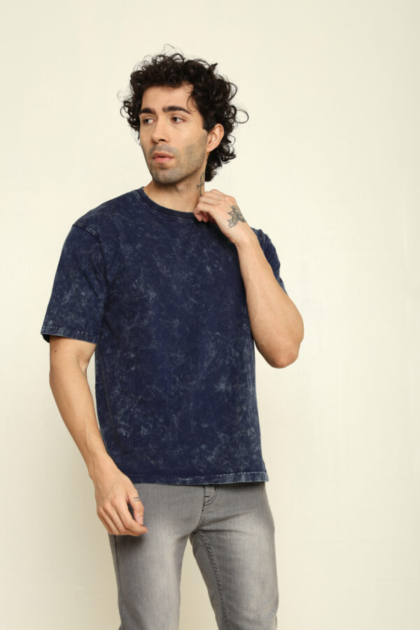 Absqura Men Acid Wash Solid Oversized Navy Blue T-Shirt