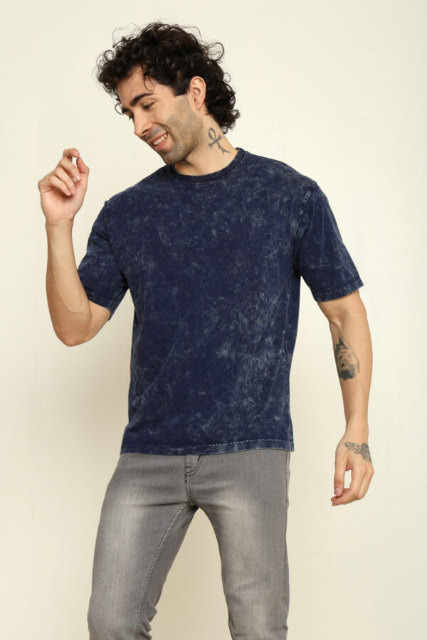 Absqura Men Acid Wash Solid Oversized Navy Blue T-Shirt