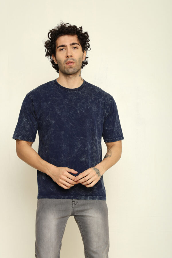 Absqura Men Acid Wash Solid Oversized Navy Blue T-Shirt