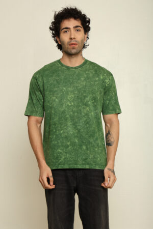 Absqura Men Acid Wash Solid Oversized Bottle Green T-Shirt