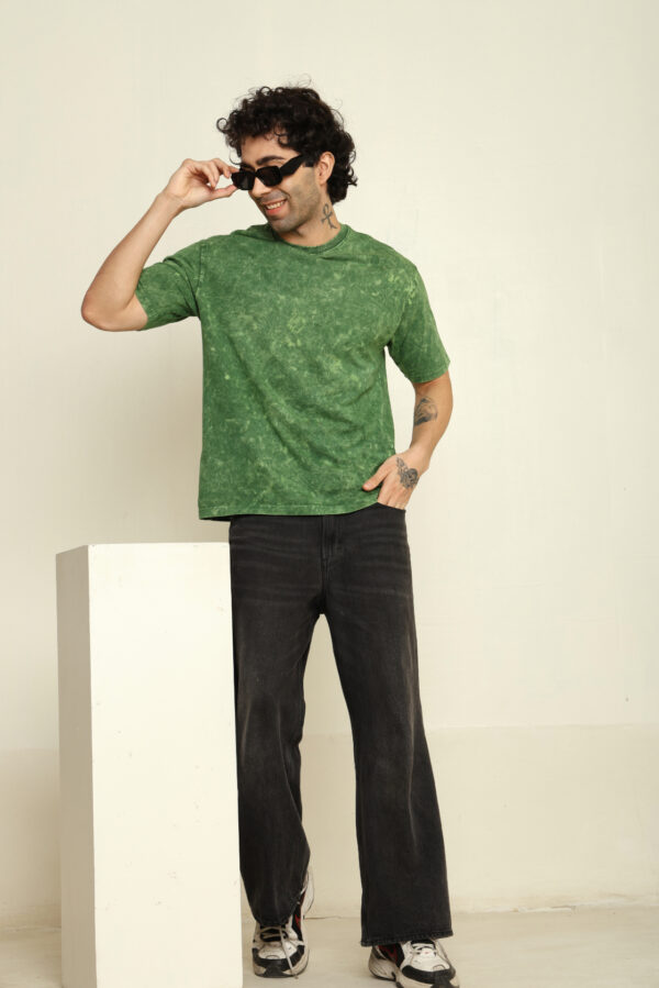 Absqura Men Acid Wash Solid Oversized Bottle Green T-Shirt