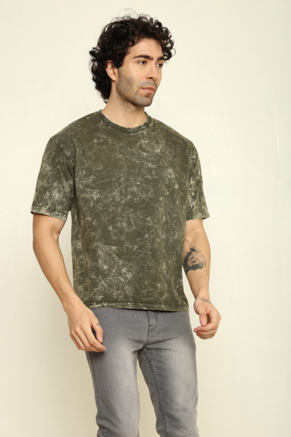 Absqura Acid Wash Solid Oversized Olive Green T-Shirt