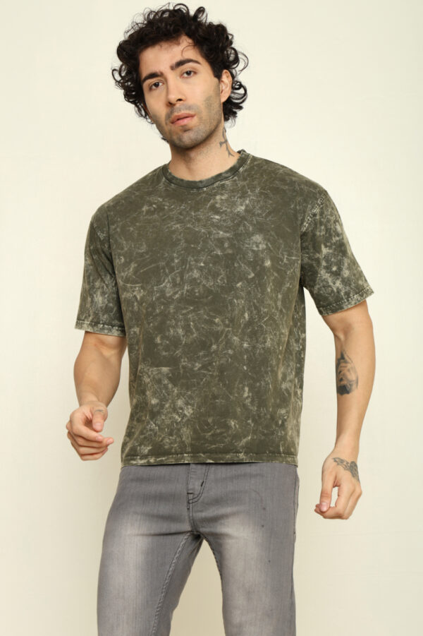 Absqura Acid Wash Solid Oversized Olive Green T-Shirt
