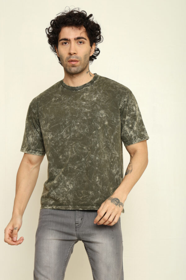 Absqura Acid Wash Solid Oversized Olive Green T-Shirt