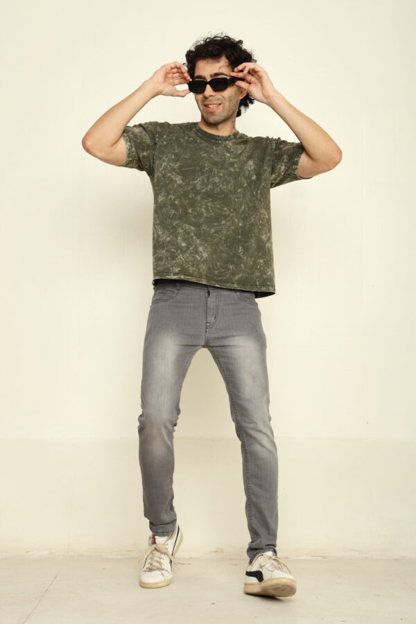 Absqura Acid Wash Solid Oversized Olive Green T-Shirt